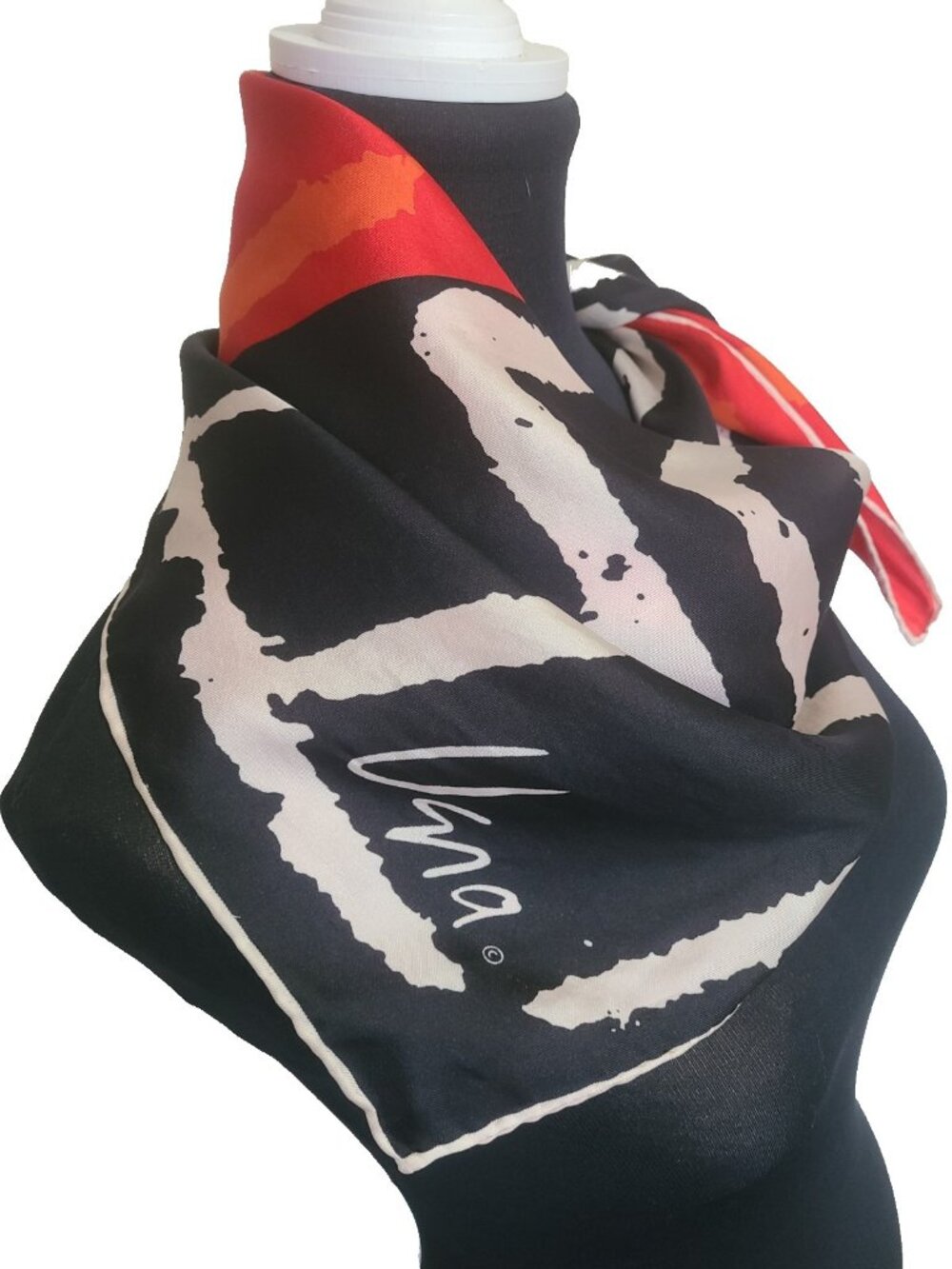Vintage Vera Neumann Silk Scarf Abstract Black Red White 26" x 27"